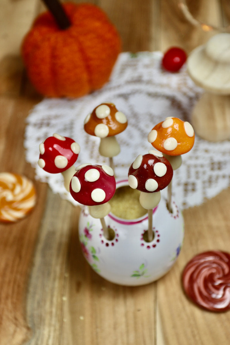 Lot de cinq sucettes artisanales en forme de champignons, aux parfums variés