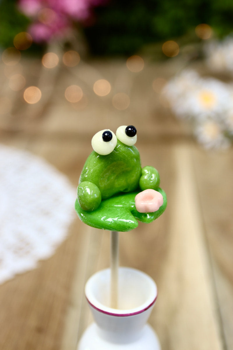 Sucette artisanale en forme de grenouille à la pomme en gros plan