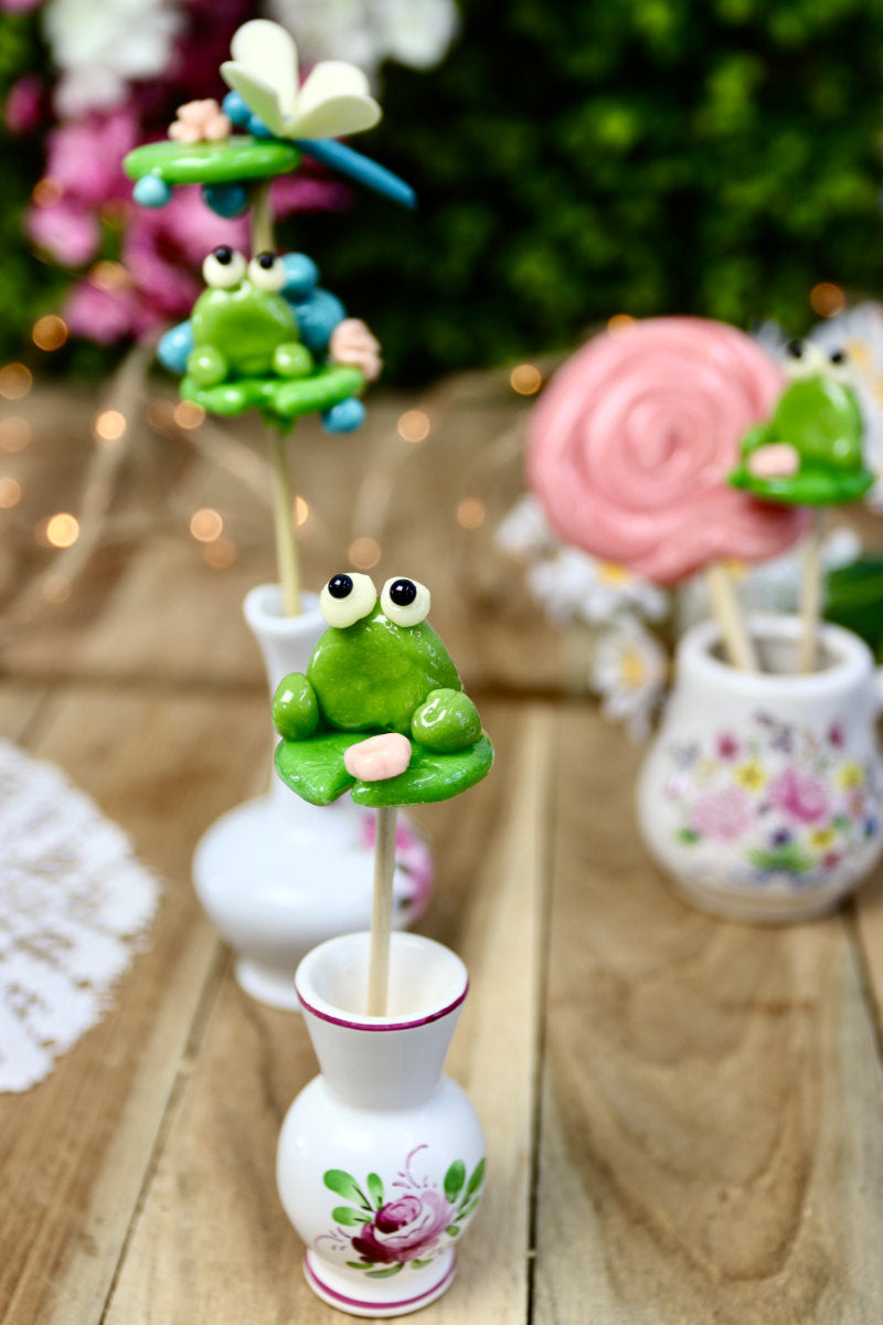 Sucette artisanale en forme de grenouille à la pomme dans un déco féérique