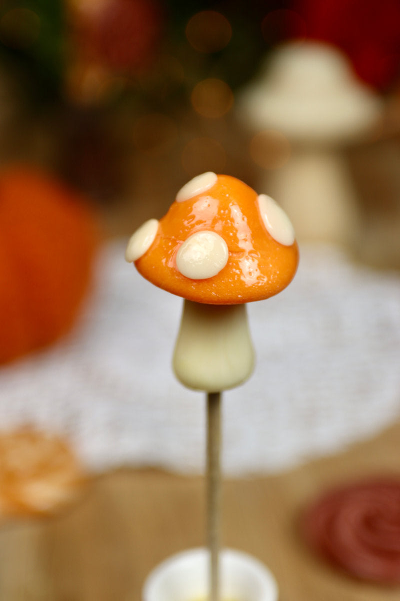 Sucette en forme de champignon au parfum vanille orange, avec un chapeau orange vif