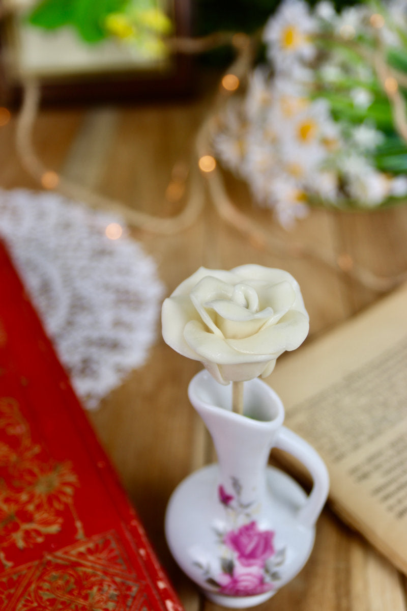 Sucette fleur à la noix de coco, mise en scène dans un décor exotique, parmi des éléments naturels et tropicaux.