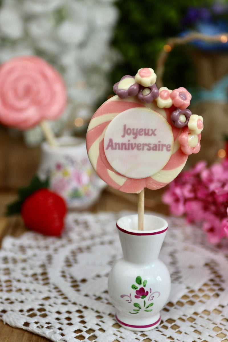 Sucette personnalisée Vanille-Fraise – Fleurs sculptées