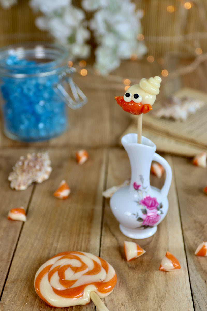 Sucette Bernard-l’Hermite melon-ananas dans un décor de plage enchantée avec sable et coquillages