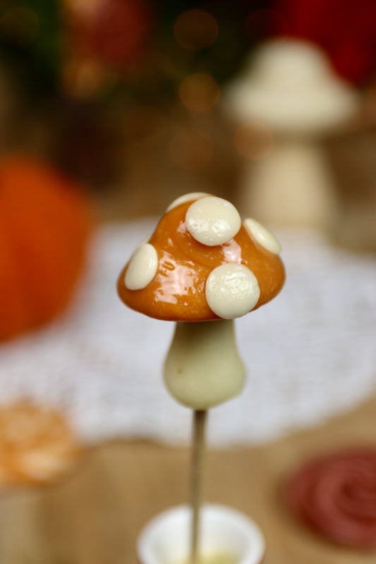 Sucette artisanale champignon vanille caramel beurre salé sculptée à la main
