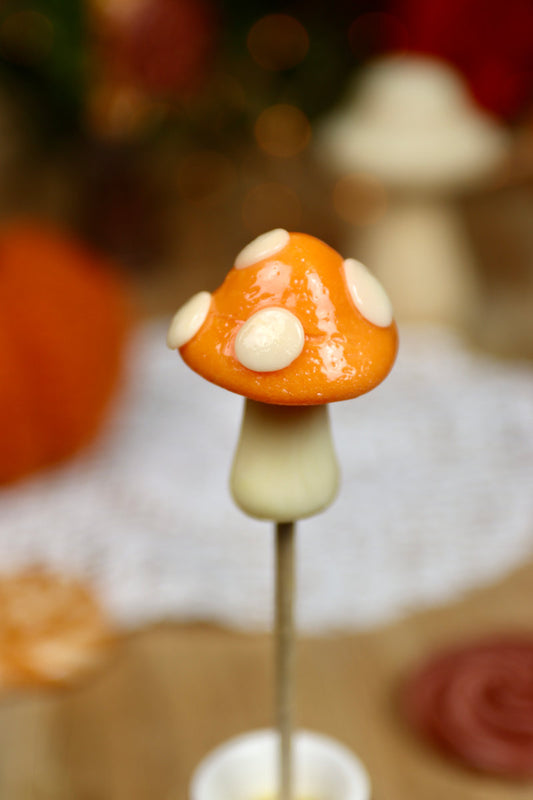 Sucette en forme de champignon au parfum vanille orange, avec un chapeau orange vif
