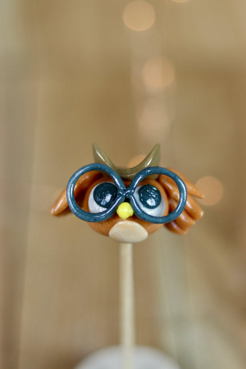 Une sucette sculptée en forme de hibou au cola, avec des lunettes