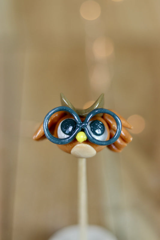 Une sucette sculptée en forme de hibou au cola, avec des lunettes