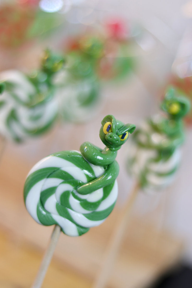 Une sucette foraine artisanale au citron et à la pomme avec un serpent sculptée en sucre cuit à la pomme dessus. Dans notre atelier de fabrication en Bourgogne