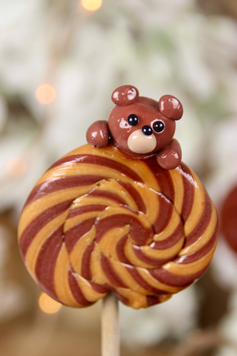 Sucette foraine peluche cacao caramel beurre salé en gros plan