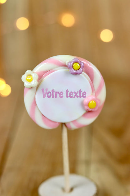 Sucette imprimée à personnaliser avec des petites fleurs sculptées