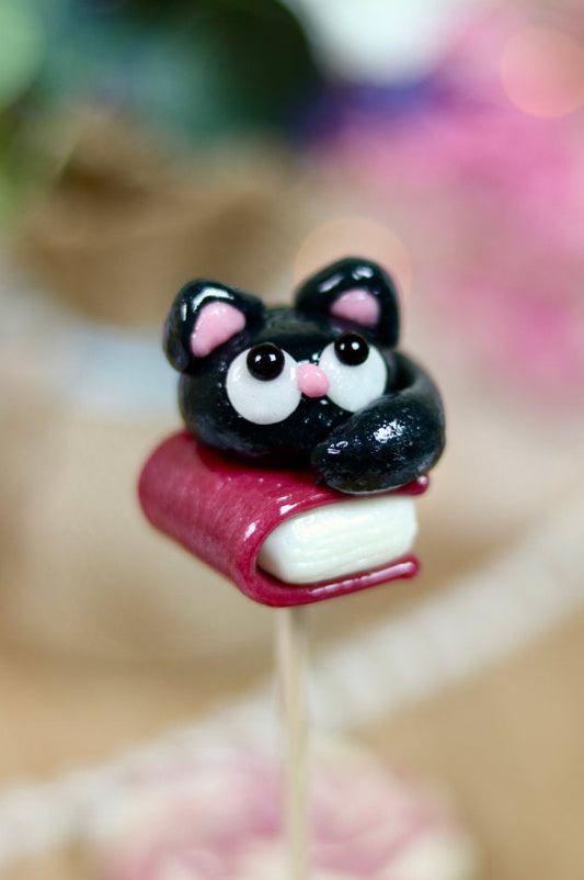 Sucette en forme de chat posé sur un livre au cassis en gros plan