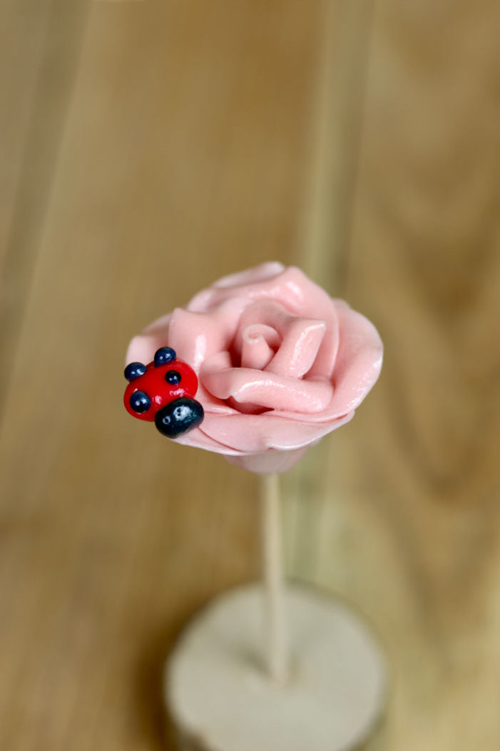 Une sucette sculptée en forme de rose à la framboise. Avec une coccinelle à la framboise dessus. En sucre cuit