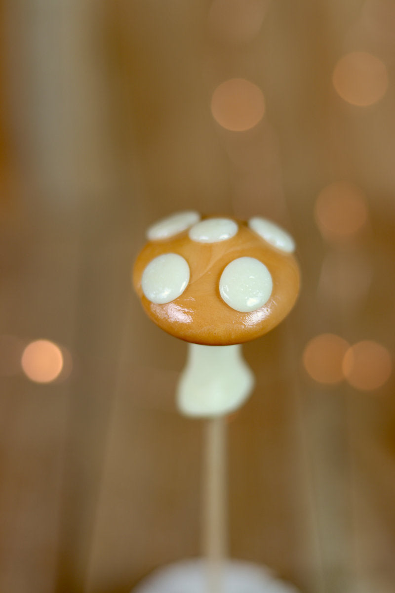 sucette sculptée en forme de champignon au caramel beurre salé et à la vanille