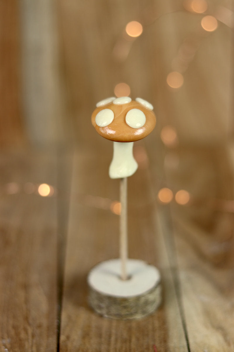 sucette sculptée en forme de champignon au caramel beurre salé et à la vanille