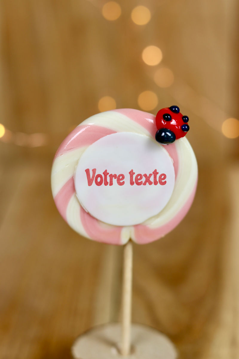 sucette imprimée à personnaliser vanille fraise avec une coccinelle dessus. 