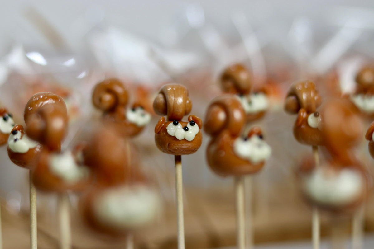 fabrication de sucette sculptée en forme d'écureuil au spéculoos et à la vanille