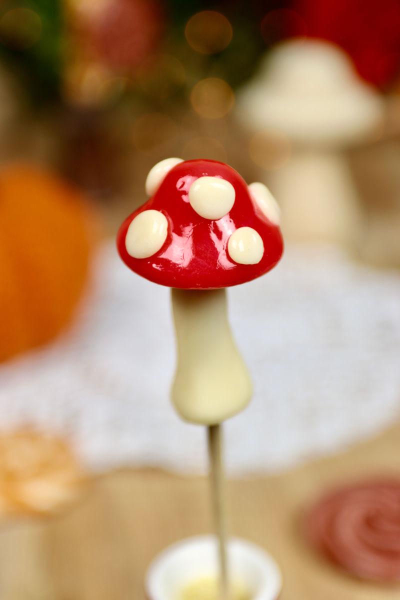 Une sucette sculptée en forme de champignon rouge à point blanc. Réalisé avec un sucre cuit aromatisé à la vanille et à la cerise, dans notre atelier en Bourgogne. 